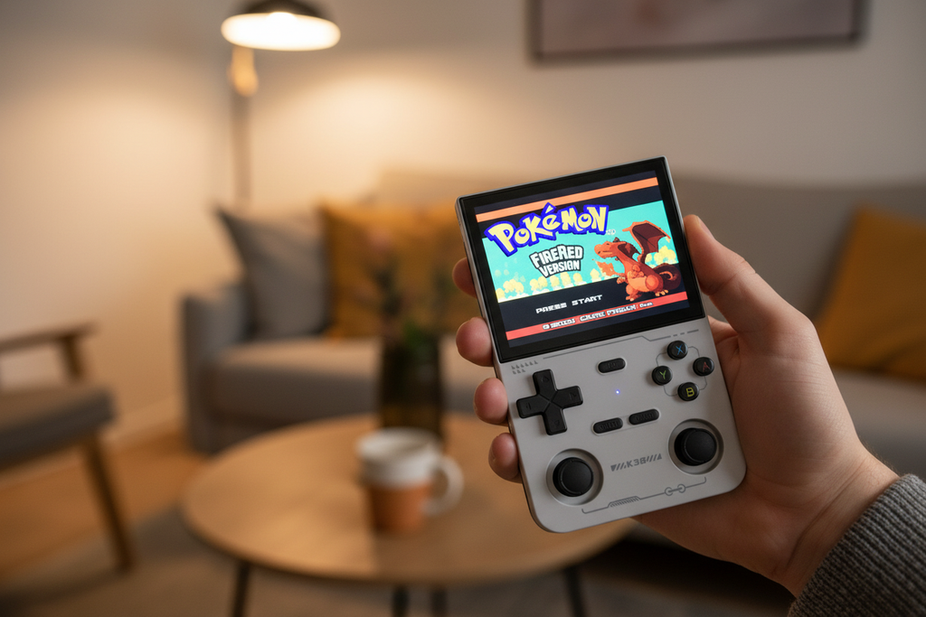 K36 Handheld Game Console held with one hand in living room